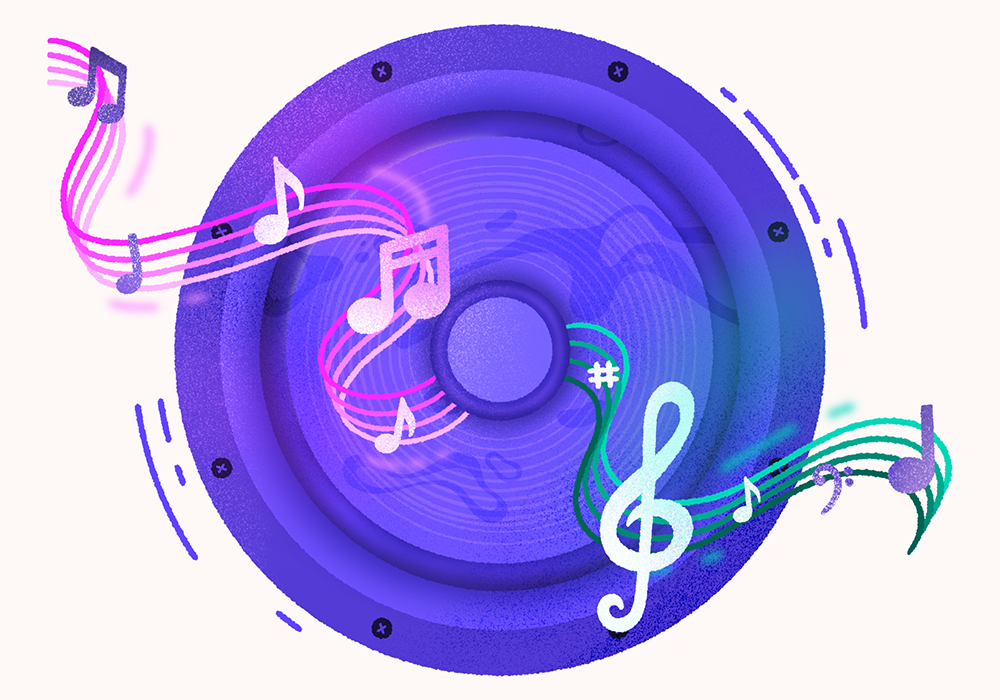 Illustration of a speaker emitting musical notes