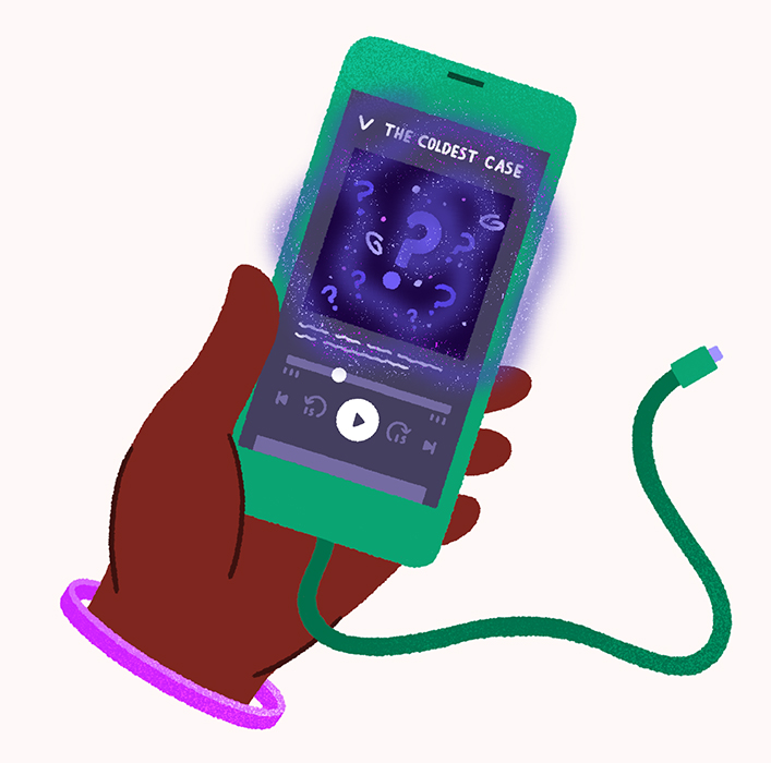 Illustration of a phone playing a podcast