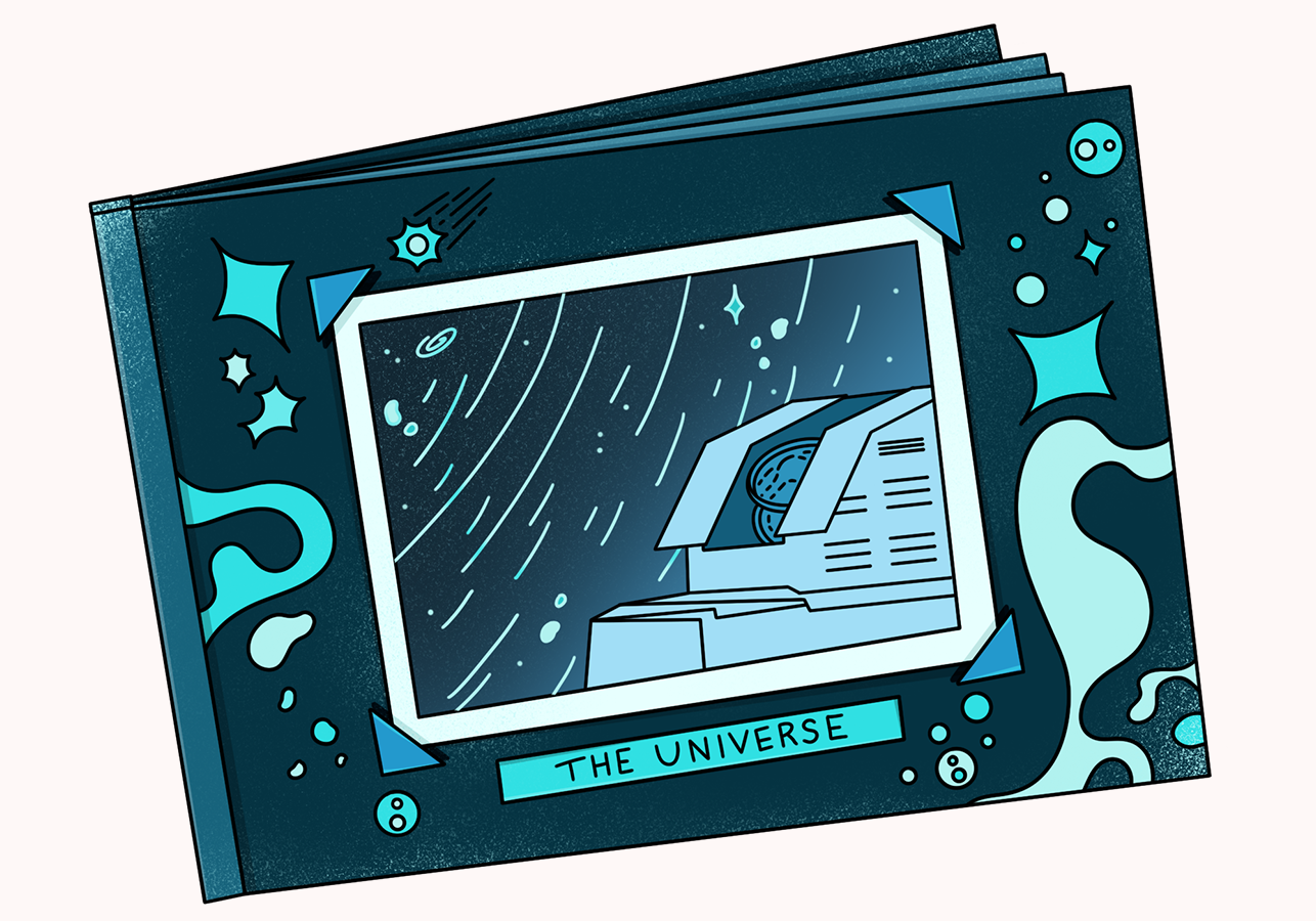 Illustration of a photo album featuring the telescope