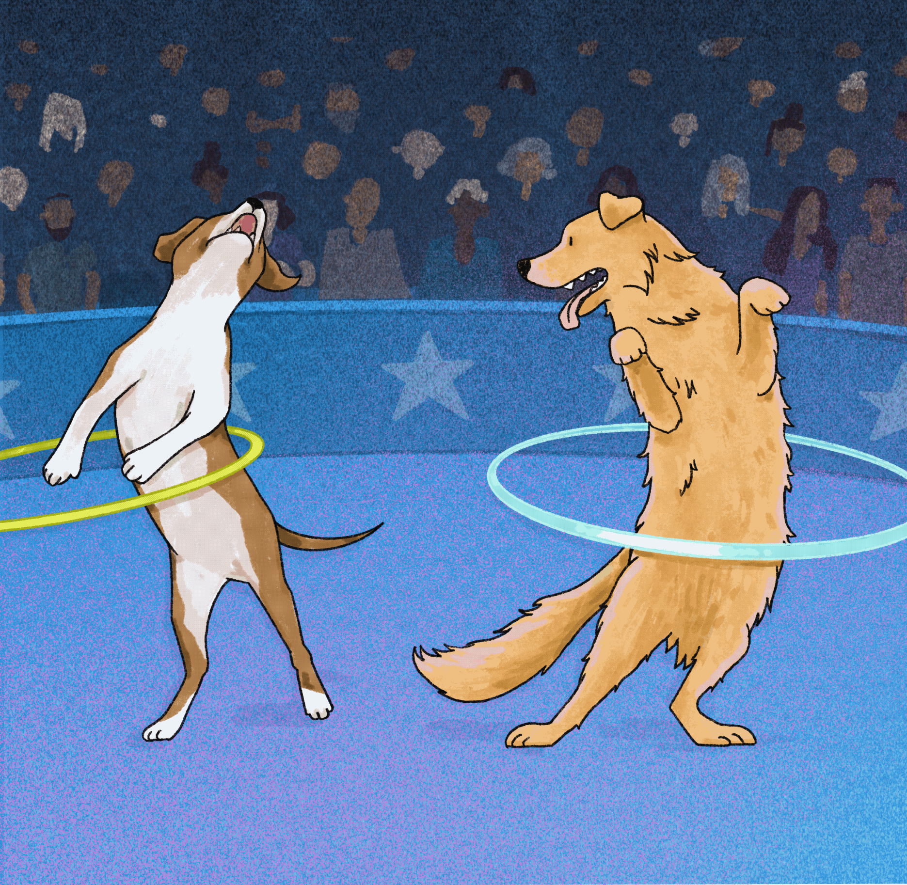 Animation of two dogs hula hooping in front of an audience