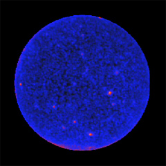 This map of the northern galactic sky shows Large Area Telescope counts of gamma rays with energies greater than 300 million electron volts. (Image courtesy of NASA/DOE/LAT collaboration. Click on image to view a movie of this swath of sky between August 4 and October 30, 2008.)