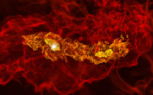 A simulation shows two high-density regions, in yellow, about 200 million years after the Big Bang. They are expected to evolve into a binary star system. Image courtesy of Matthew Turk. 