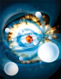 The world's first hard X-ray free-electron laser started operation with a bang. First experiments at SLAC National Accelerator Laboratory's Linac Coherent Light Source stripped electrons one by one from neon atoms (illustrated above) and nitrogen molecules, in some cases removing only the innermost electrons to create "hollow atoms." Understanding how the machine's ultra-bright X-ray pulses interact with matter will be critical for making clear, atomic-scale images of biological molecules and movies of chemical processes. (Image: SLAC InfoMedia Solutions.)