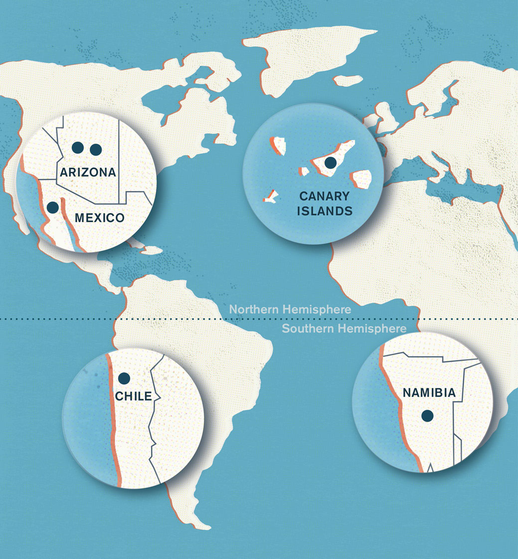 World Mao with Arizona, Mexico, Chile, Canary Islands, and Namibia zoomed into