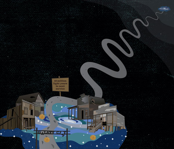 Galaxy city "10 million light years to next service", city in space with wooden broken down buildings with grey squiggle