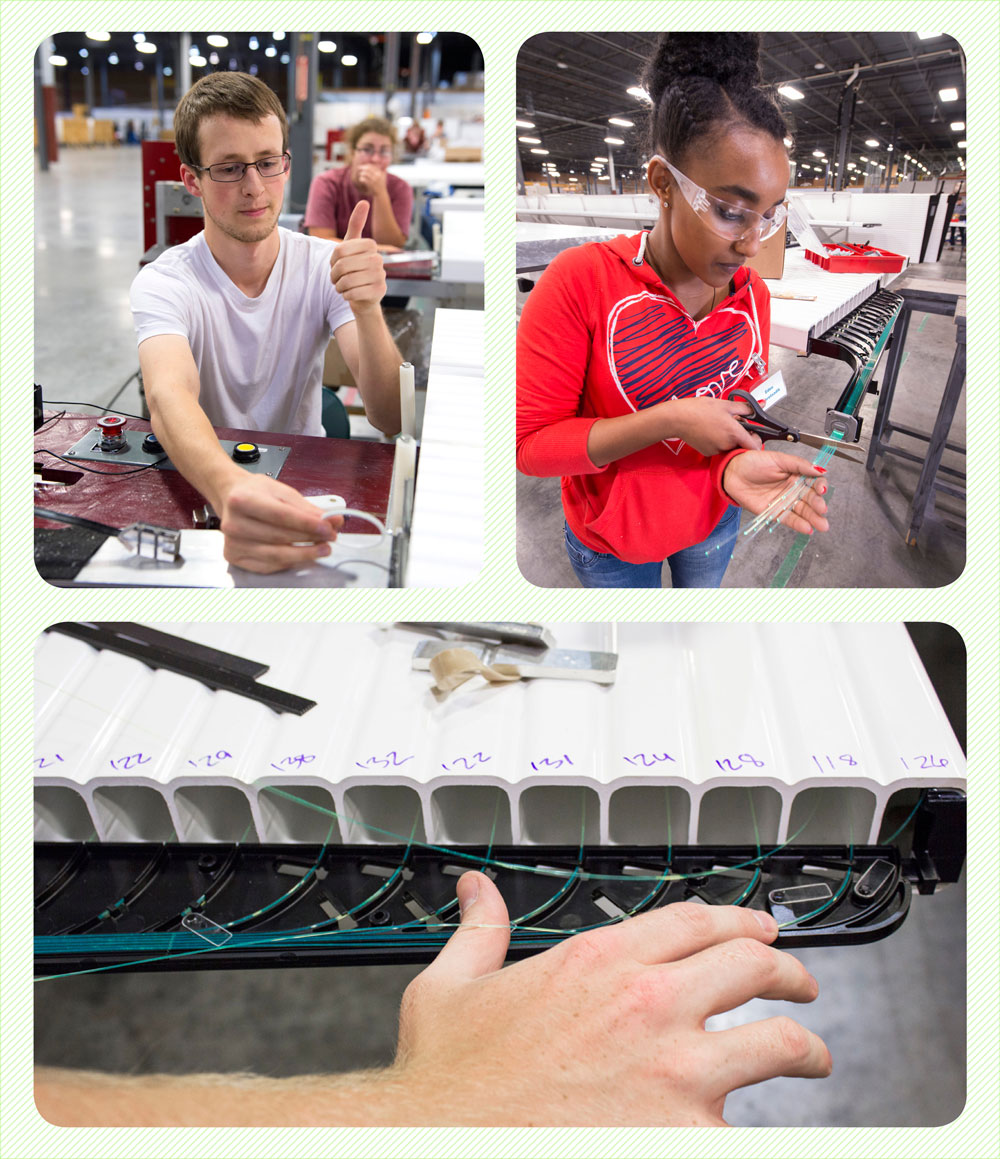 Photo of Students at the NOvA assembly facility cut and check fibers , and carefully thread them through 50-foot module cells