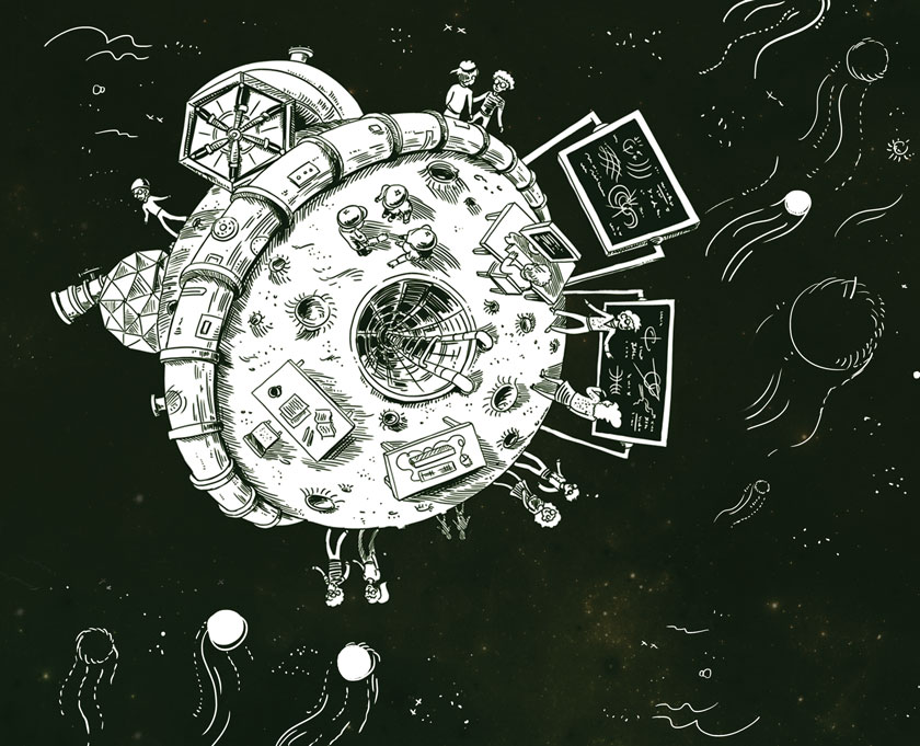 Black and white sketch illustration of scientists walking around on planet, chalk boards, machines