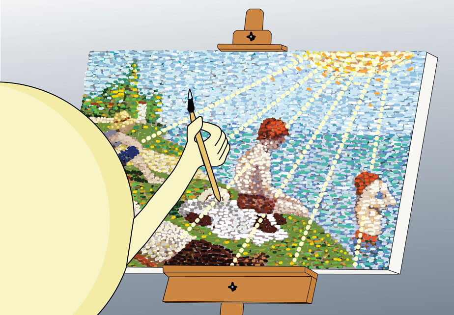 Small yellow circle painting a painting on a canvas