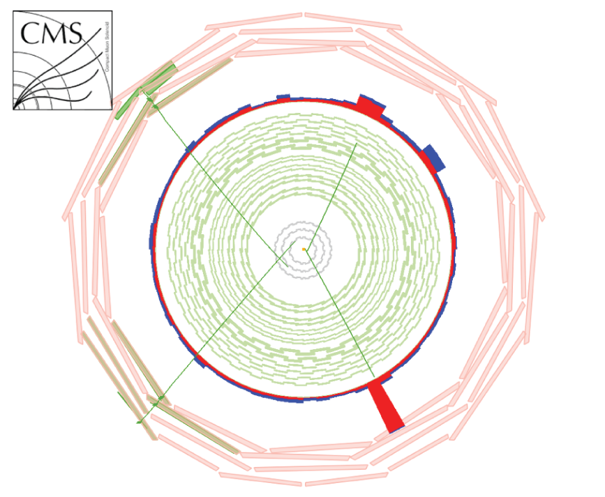 Image of a simulated event display from the CMS detector