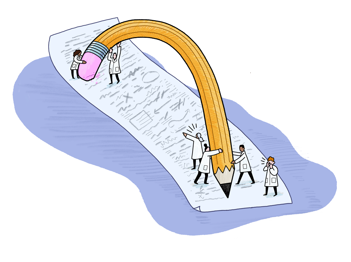  Tiny scientists operate giant bendy pencil directing other scientists to erase stuff as the write