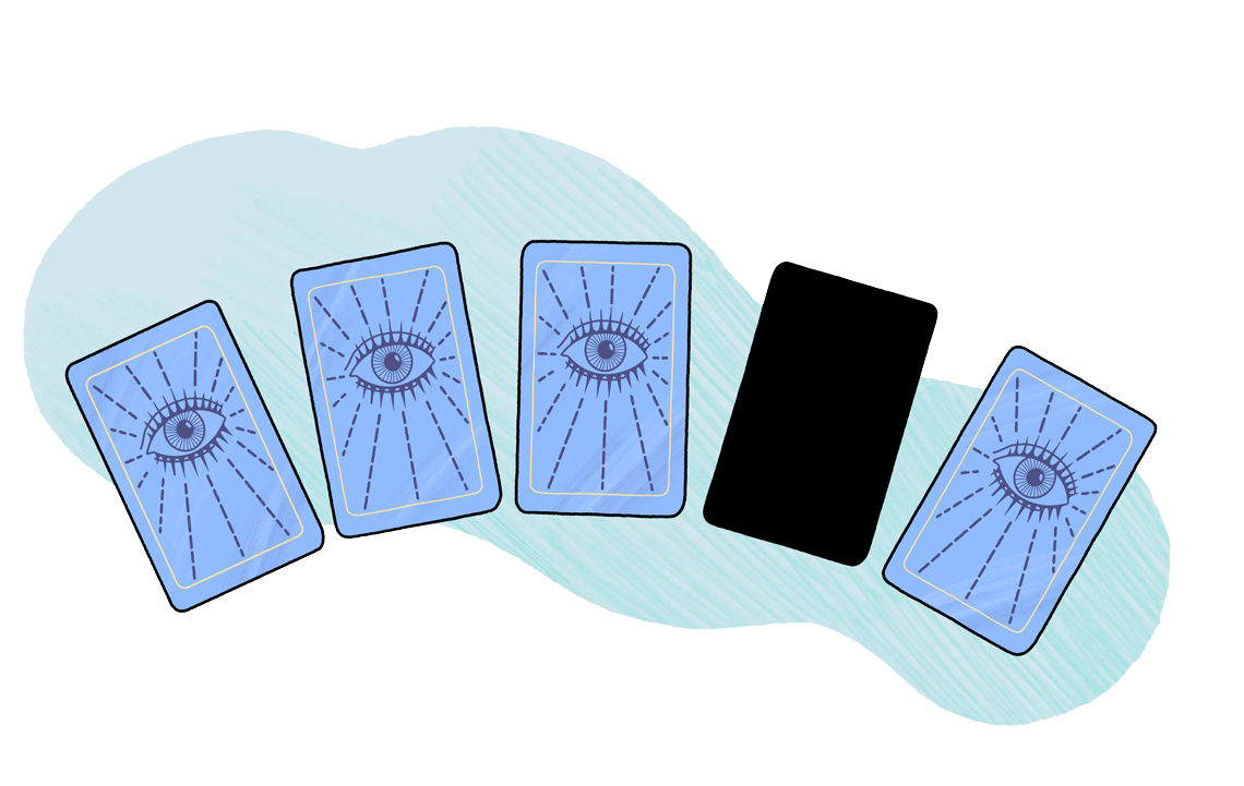 Playing cards, one is blacked out