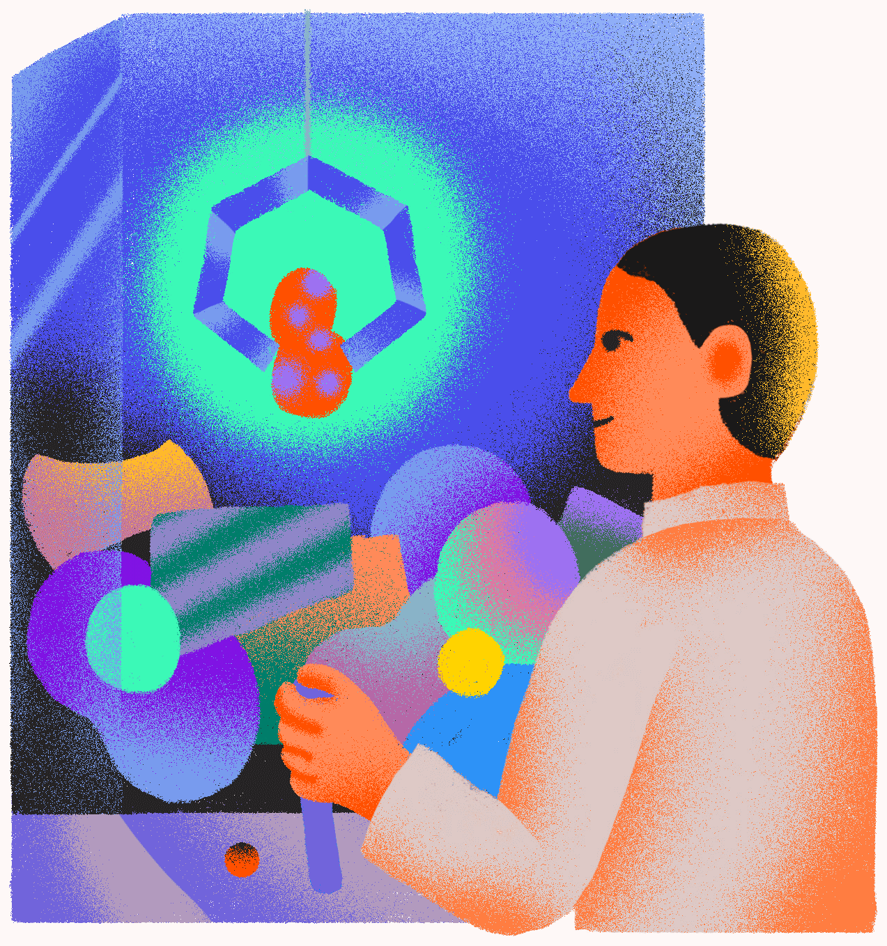 An illustration of a technician playing the "claw" game