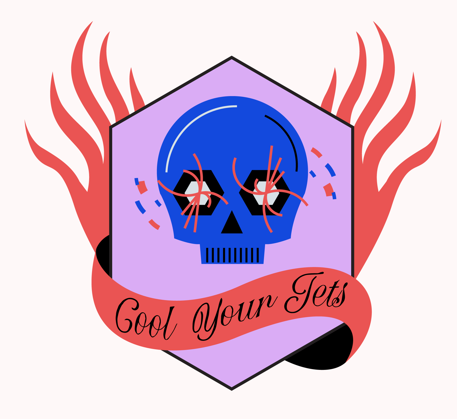 Cool Your Jets: illustration of a physics-themed biker gang patch