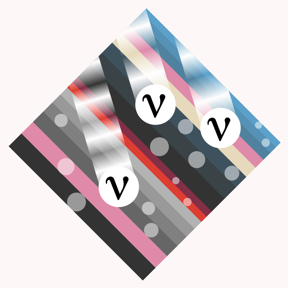 Neutrinos moving through diamond shaped striped field, bubbles within field  