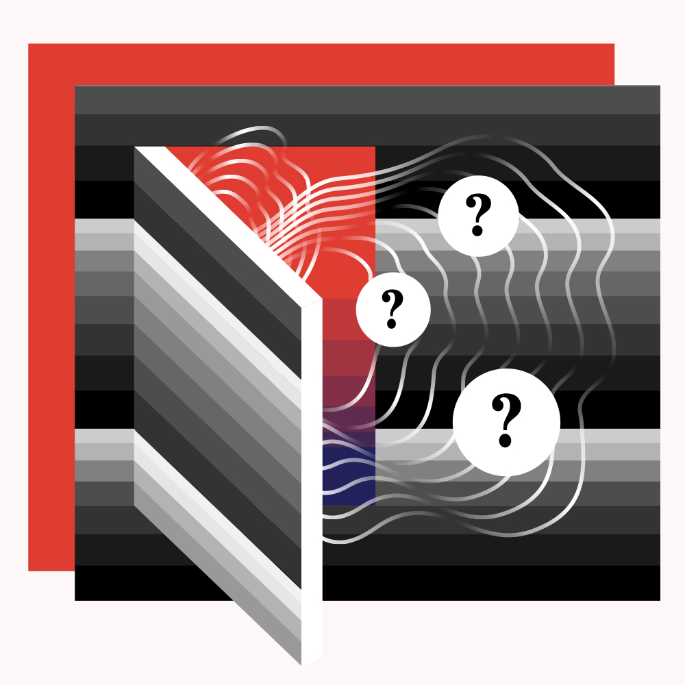 Black, grey, and white striped door with squiggly lines and question marks coming out