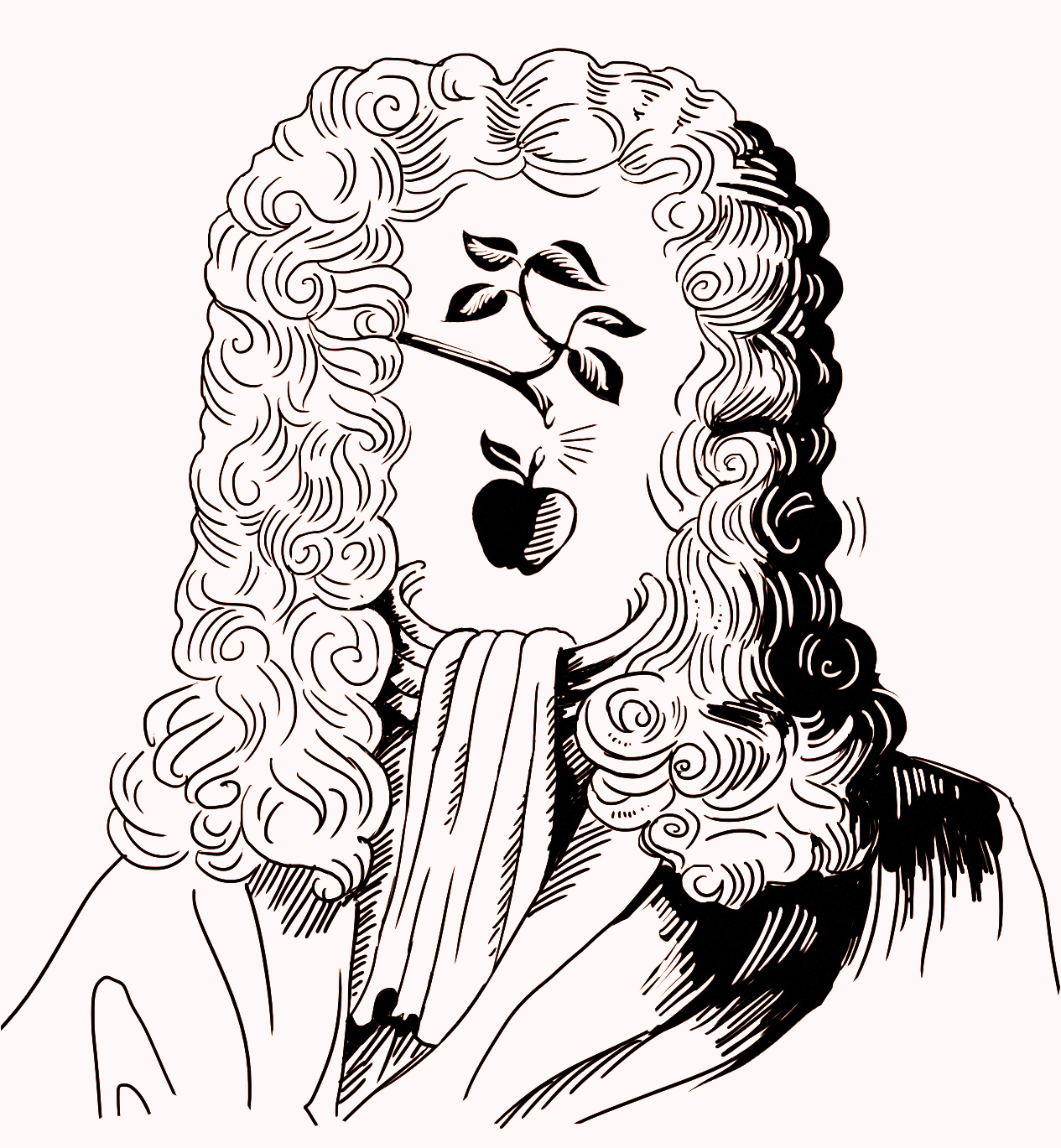 Illustration of Issac Newton with branch and apple over face