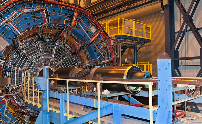 Photo of New detector components recently inserted into the heart of the STAR detector (above)