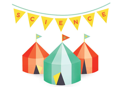 Illustration of "Science" banner with three circus tents beneath 