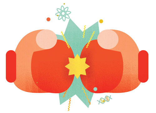 Illustration of two boxing gloves going head to head with particles and sparks