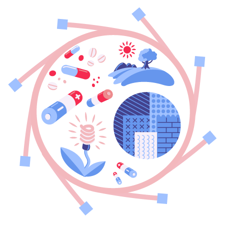 Illustration of intense light for research (red, white, and blue)