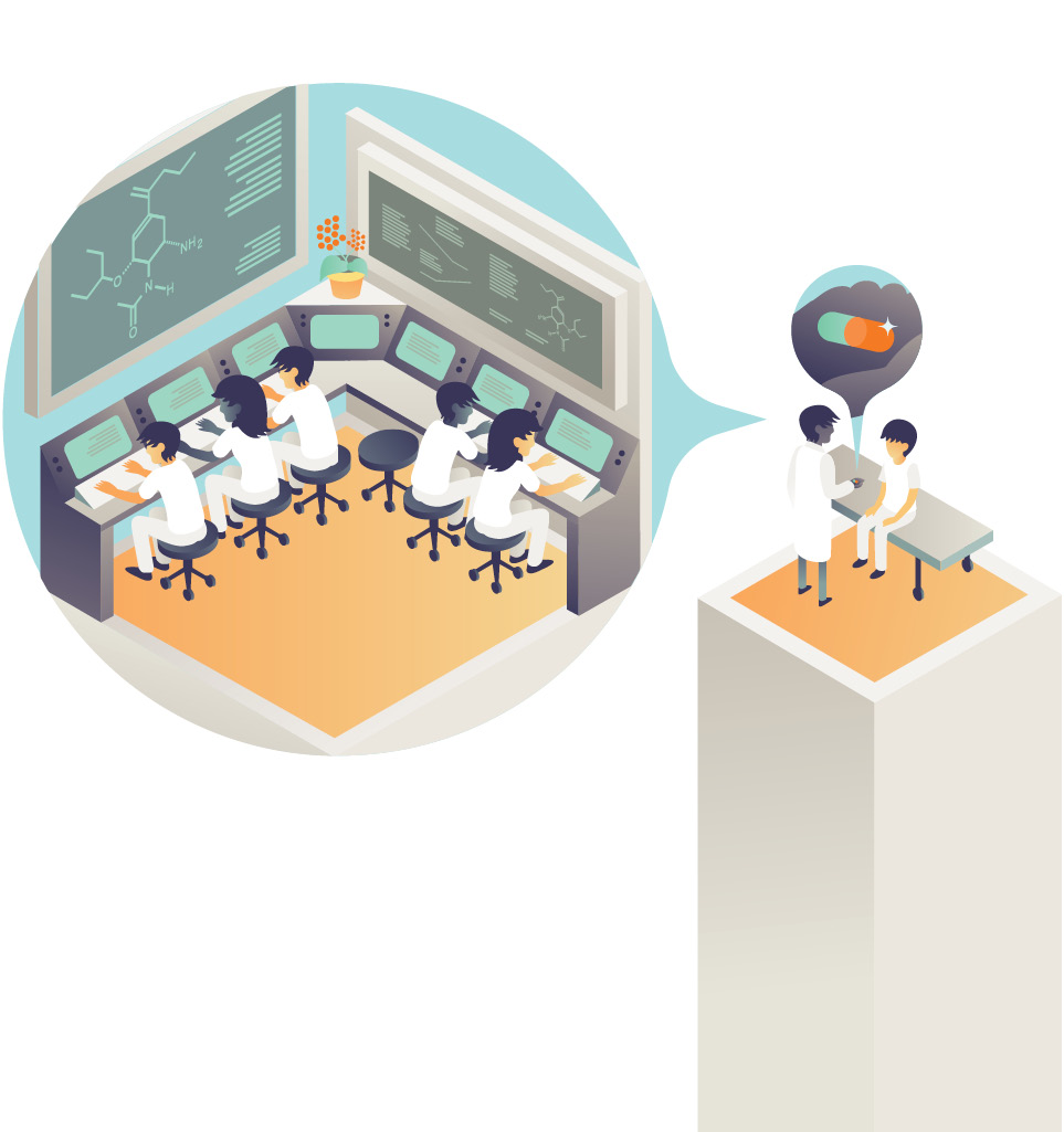 Illustration of doctor and patient talking about about team of physicists in lab at monitors
