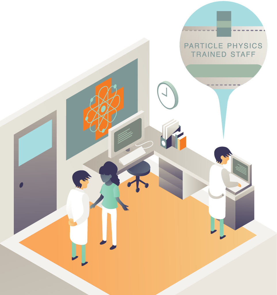 Doctors or particle physics trained staff talking in office space