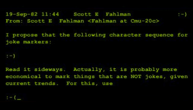 Photo of text of Fahlman’s original post proposing the smiley