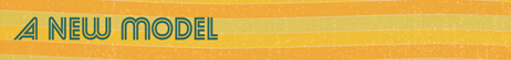"A new model" in green on orange and yellow wavy lines on small rectangular strip