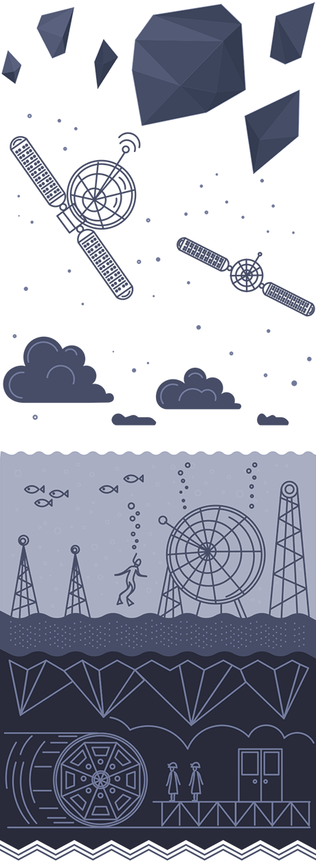 Illustration of: Dark Universe Body Illustration, Experiment Types (navy blue and white)