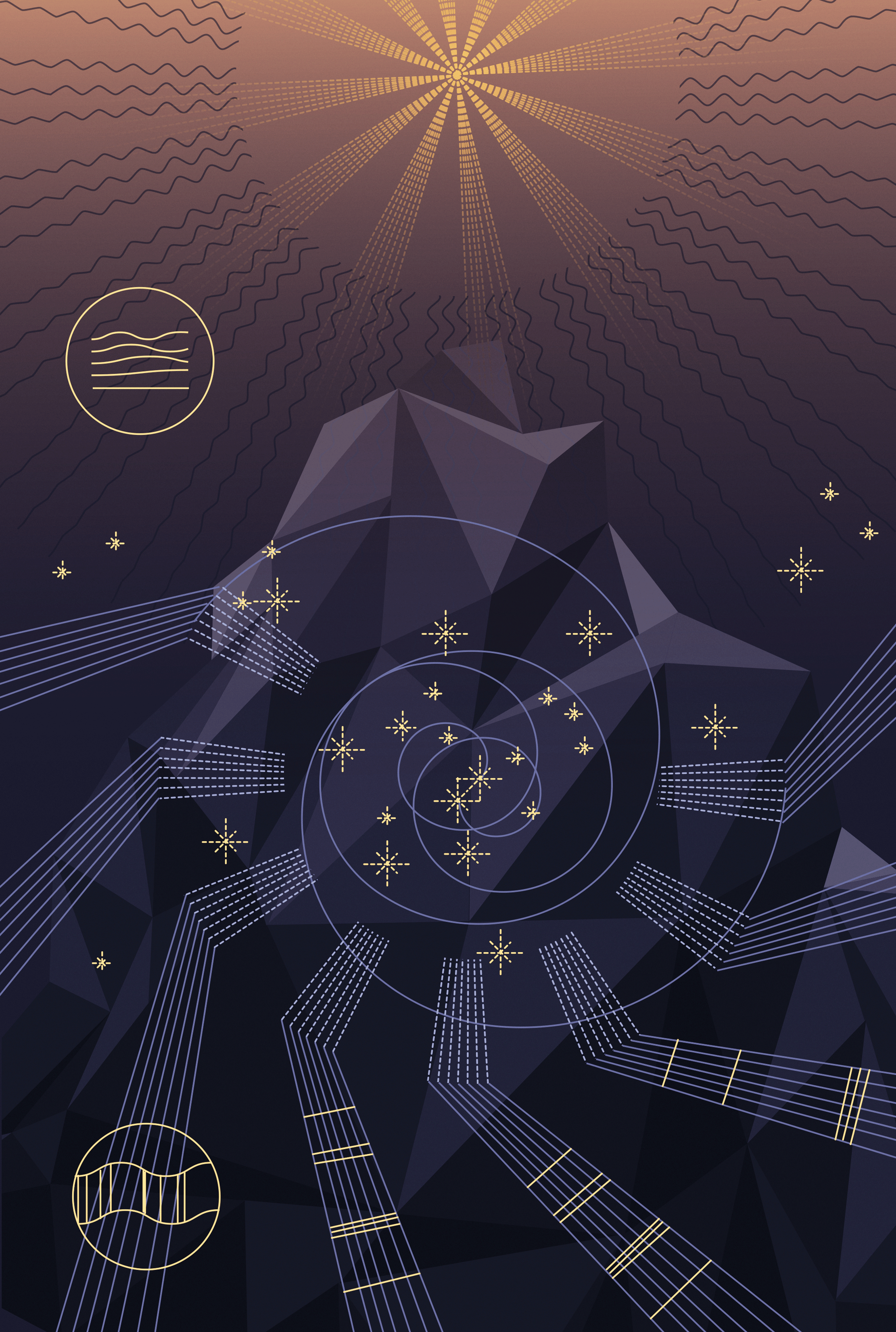 Illustration of Dark universe Spectroscopy: purple, yellow line work