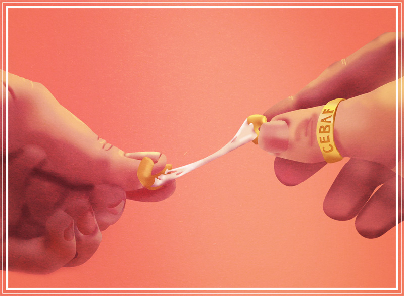 Illustration o two hands pulling glue apart, right hand: ring "CEBAF"