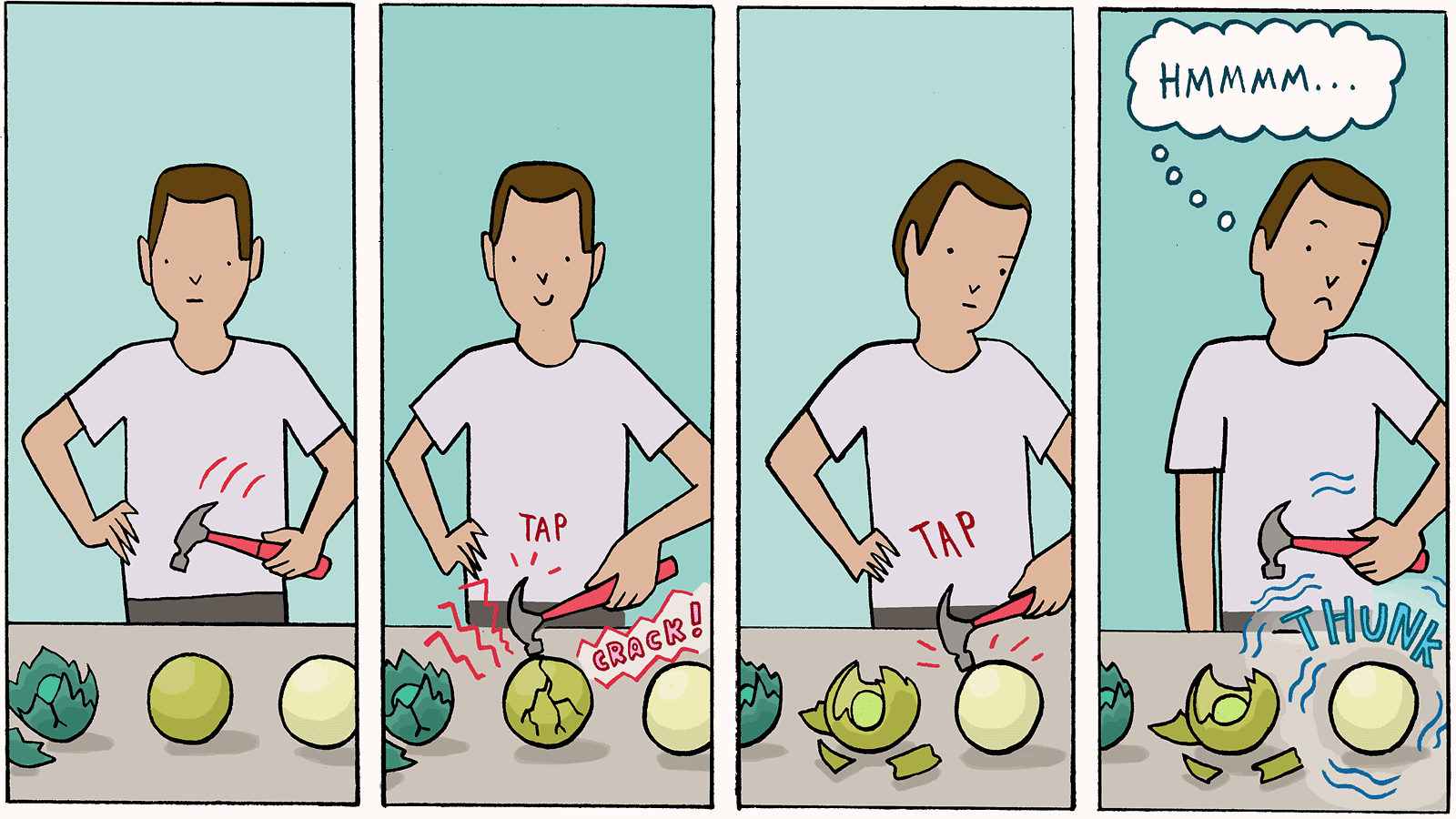 Four part graphic of man with hammer cracking open spheres, moves on to next, then taps third, which says "thunk"
