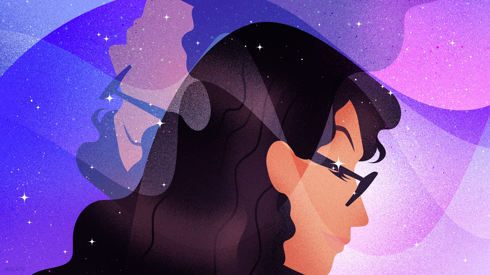 Illustration of a woman's profile with intersecting shapes and curves