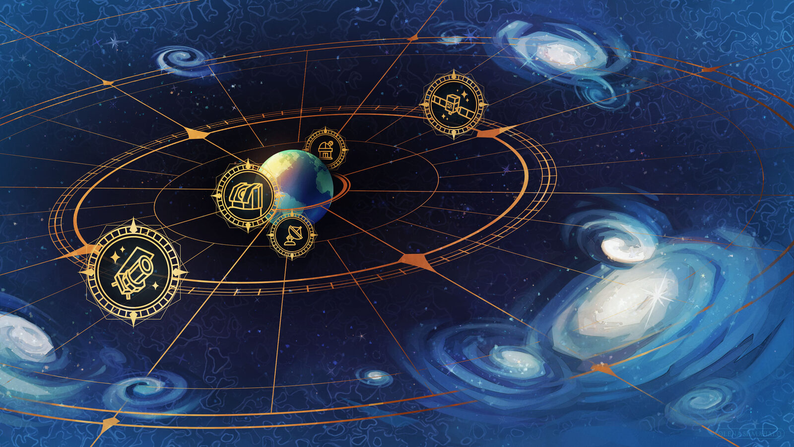 Illustration of earth and galaxies with a radial diagram overlaid