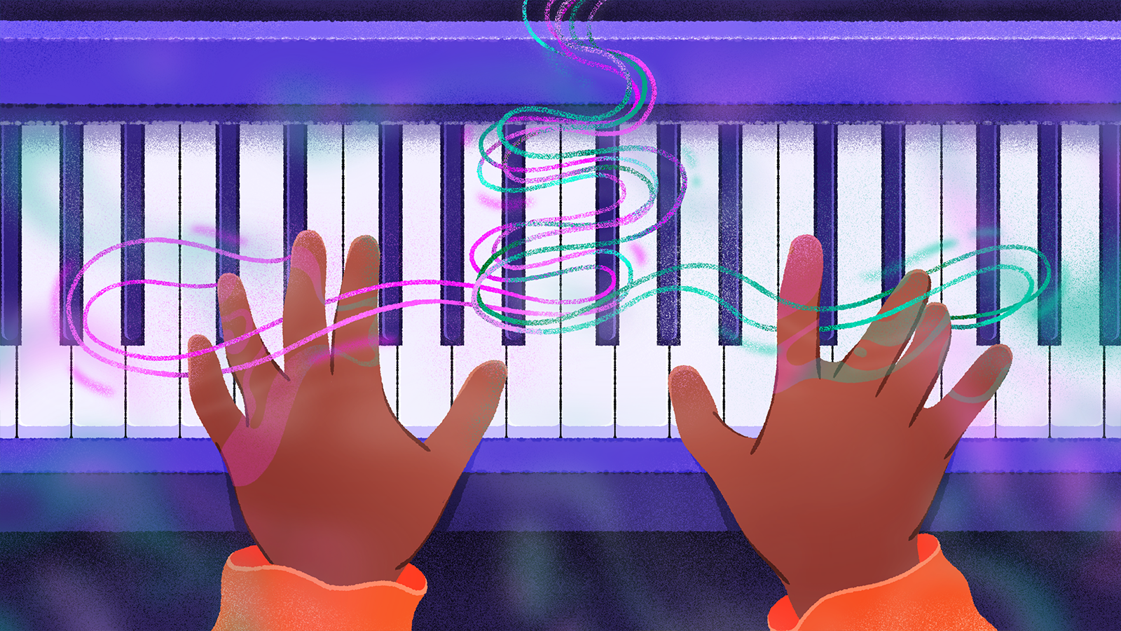 Illustration of hands at a piano keyboard