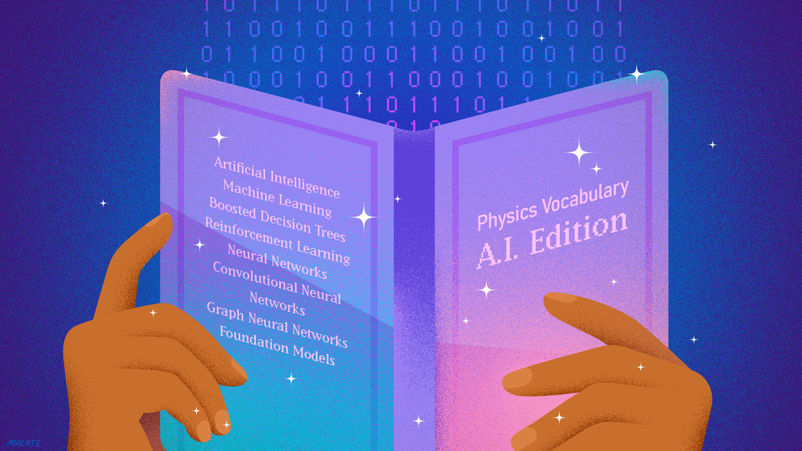 Illustration of someone reading a physics vocabulary booklet