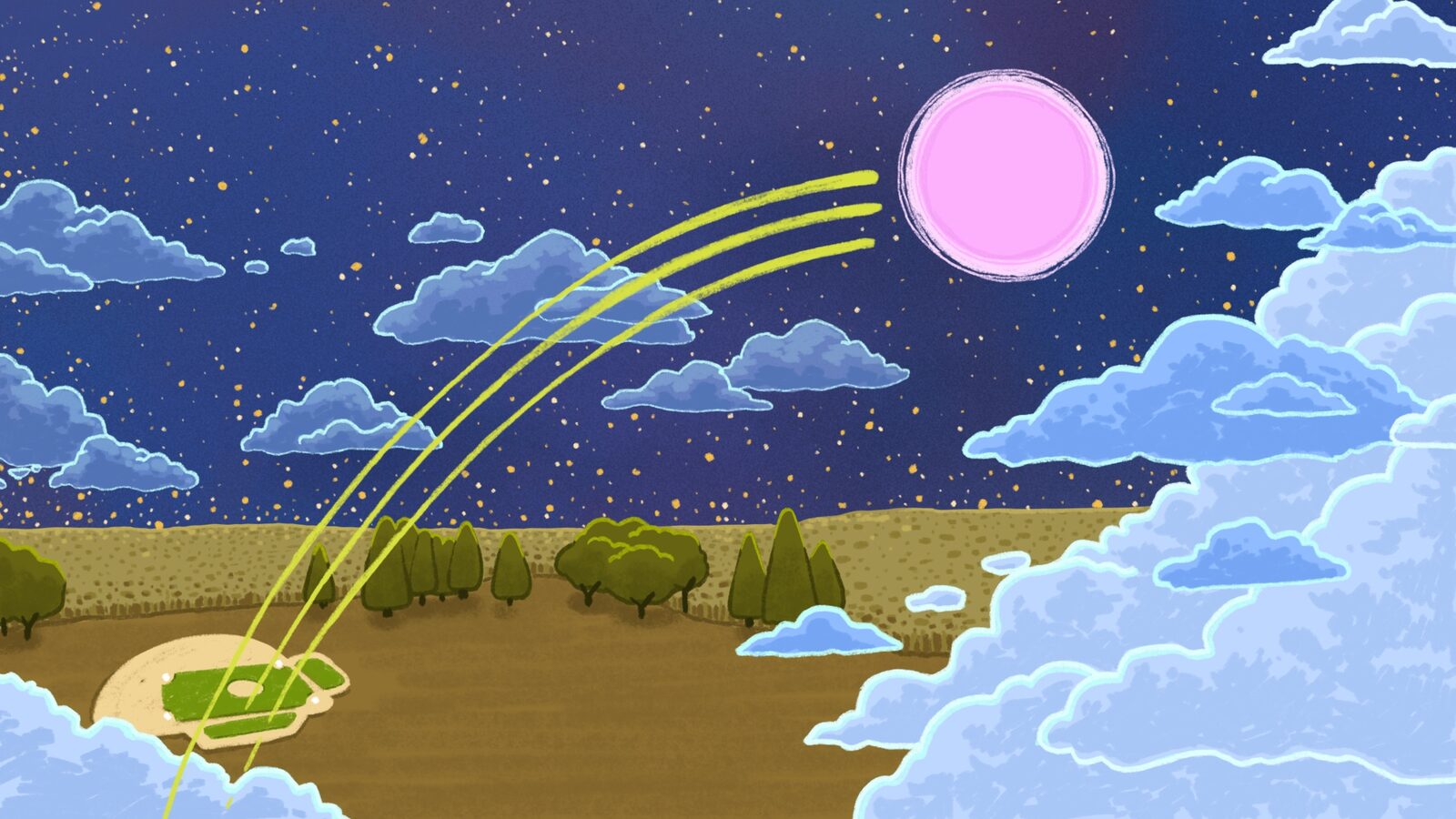 Illustration featuring a muon home run from the field of dreams