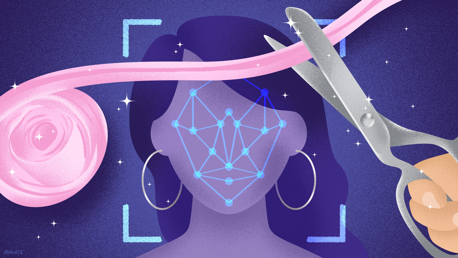 Illustration of a scientist cutting a piece of bias tape with scissors