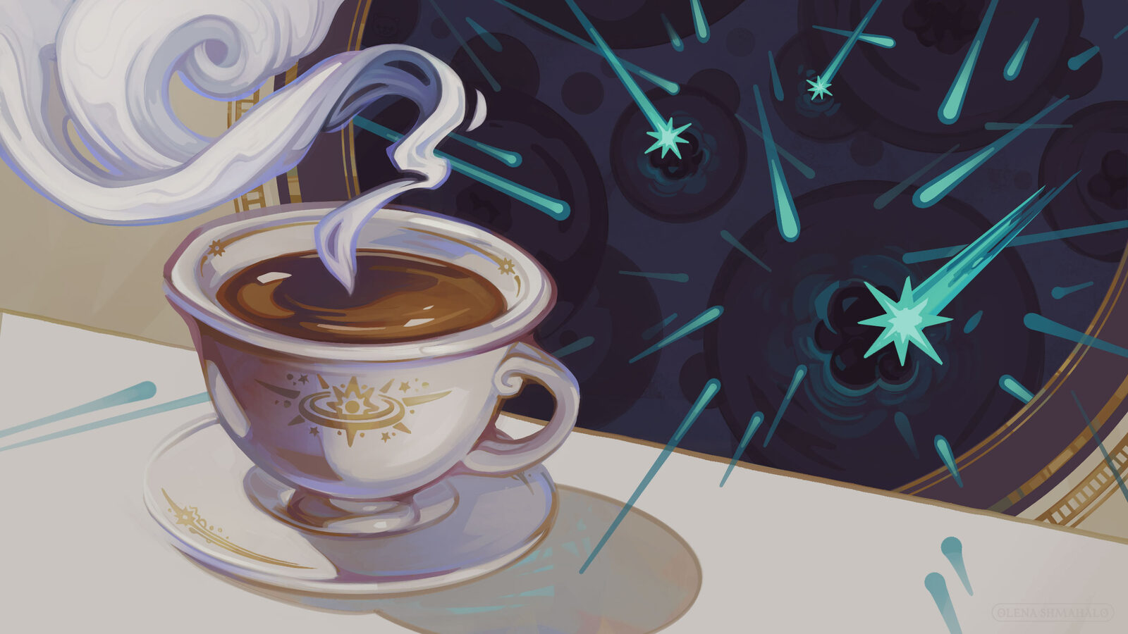 Illustration of a tea cup and neutrinos