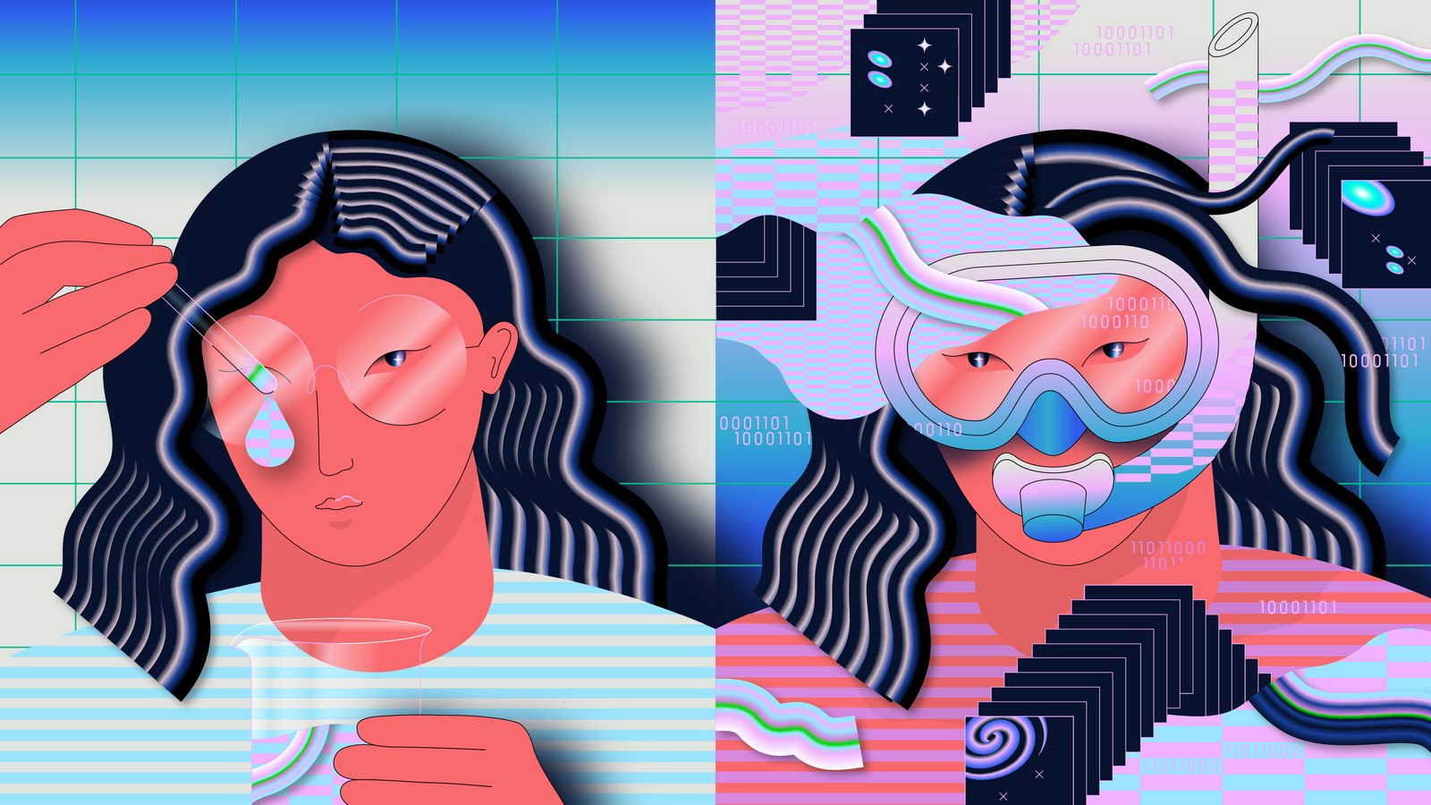 Conceptual illustration that features a woman looking at a drop of water versus snorkeling in the water