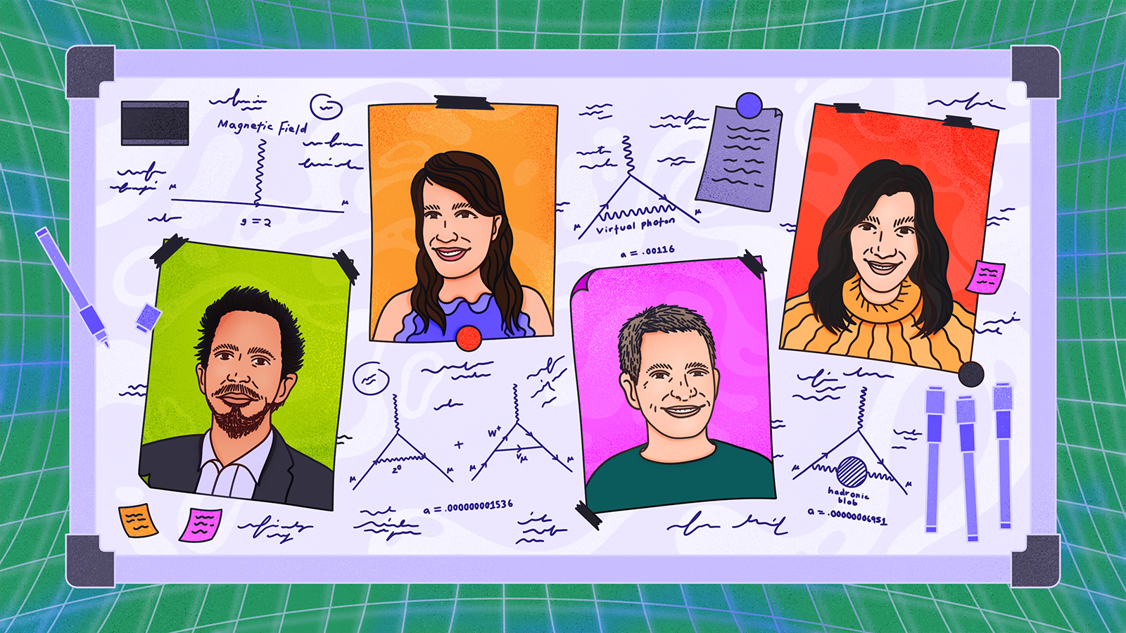Illustration of four physicists profiled in the article