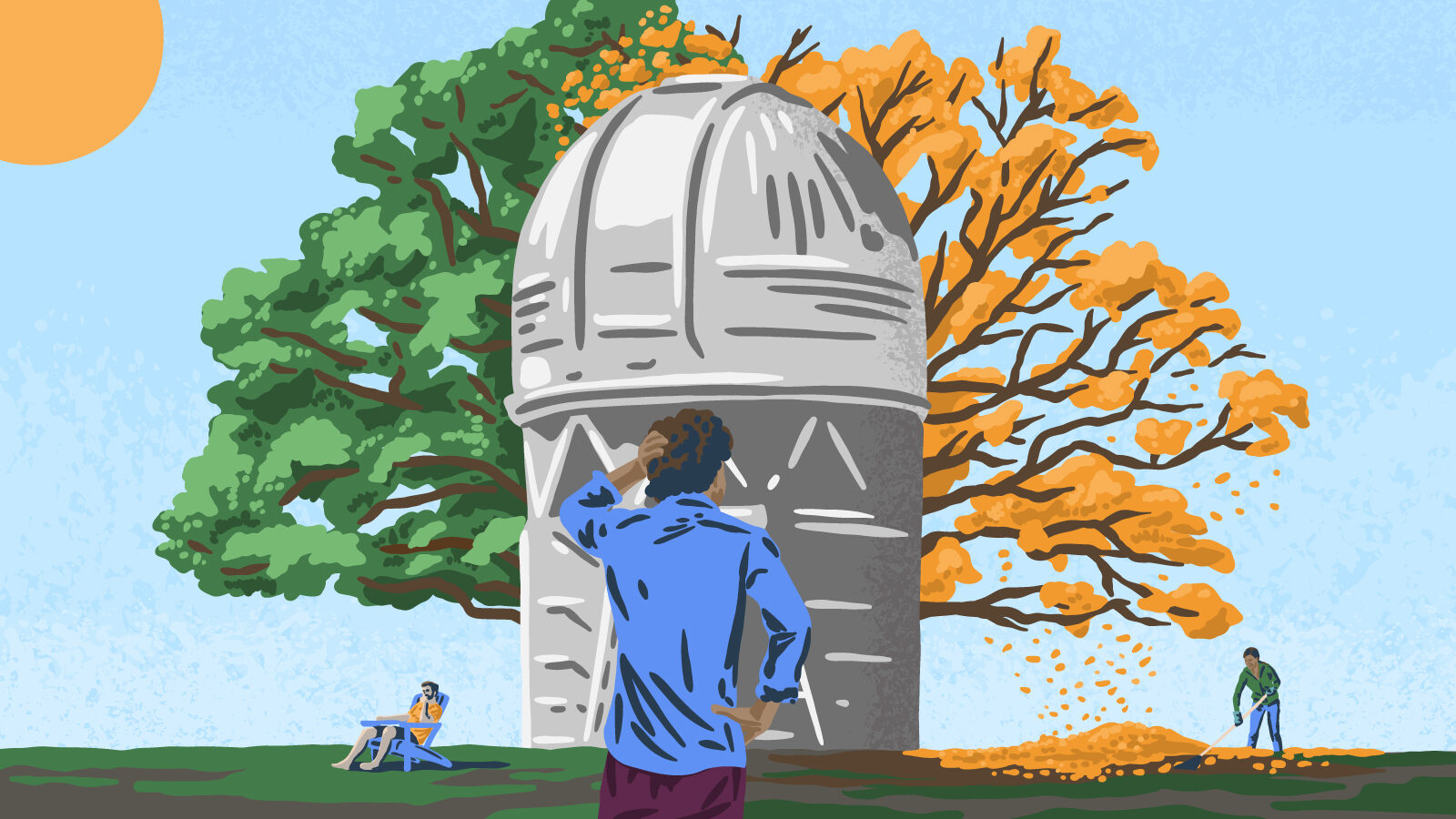 Conceptual illustration of someone looking at DESI and a tree that has both green and brown leaves