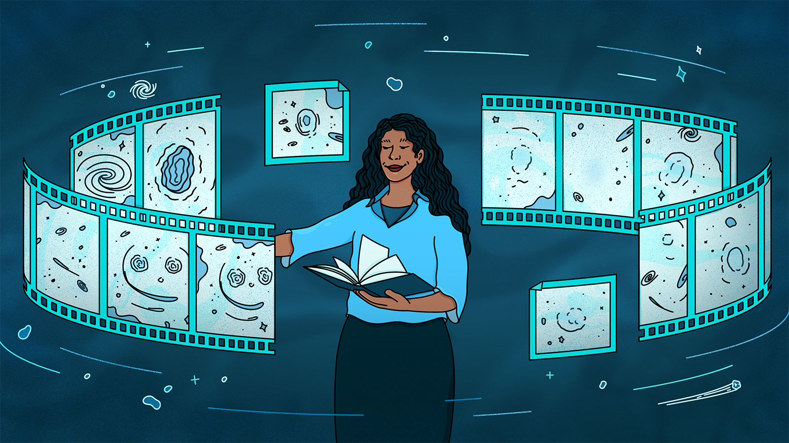 Conceptual illustration of a woman surrounded by film strips of images