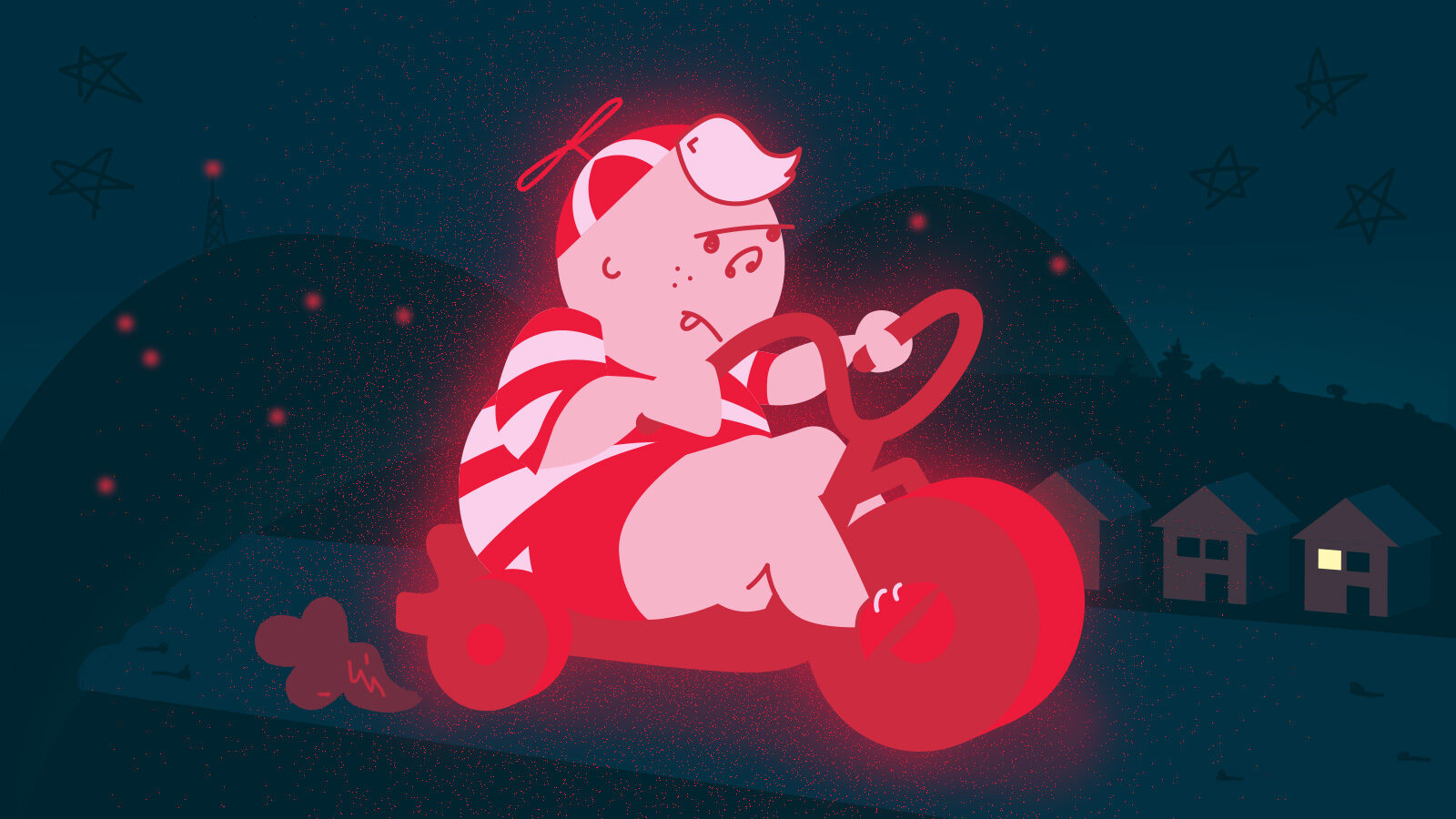 Illustration of a giant toddler on a trike.