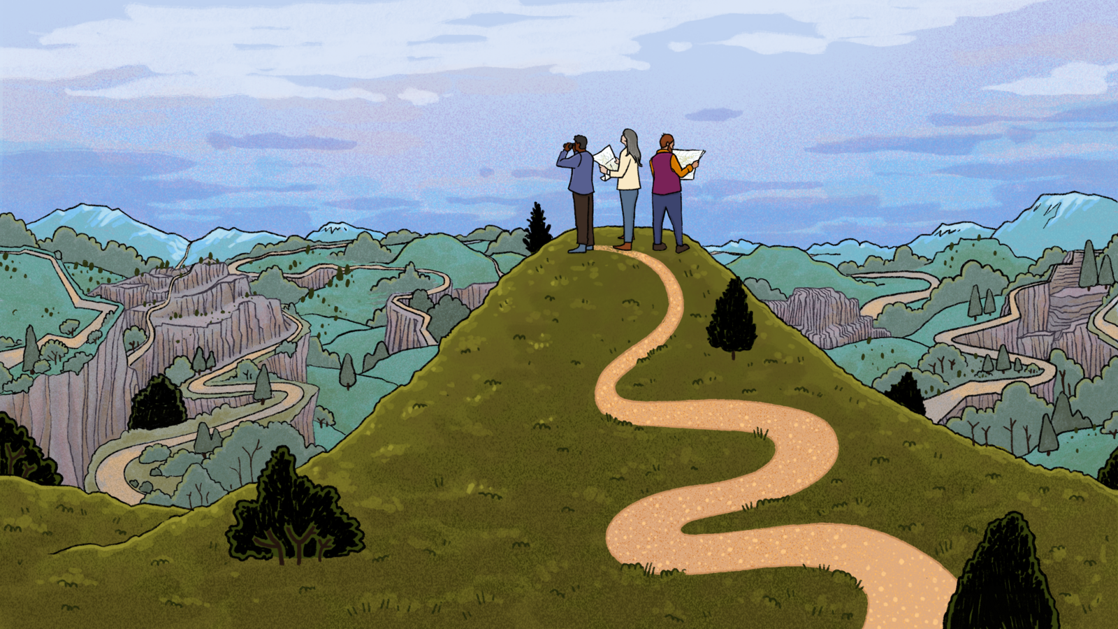 Conceptual illustration of researchers that climb one path only to have a view of more paths