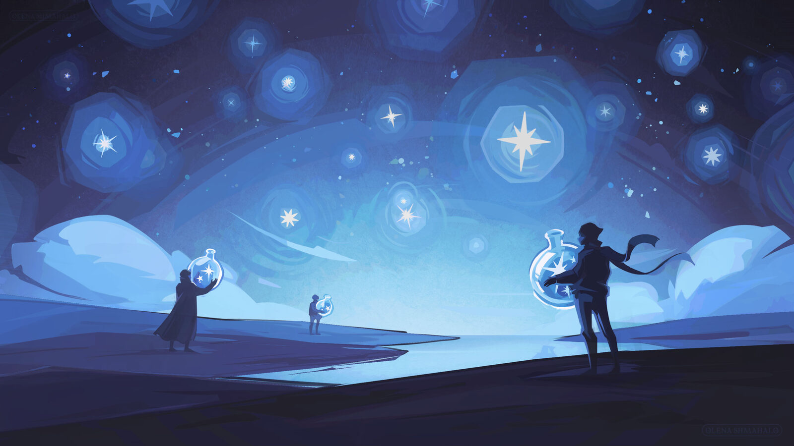 Conceptual illustration of people catching stars in glass jars