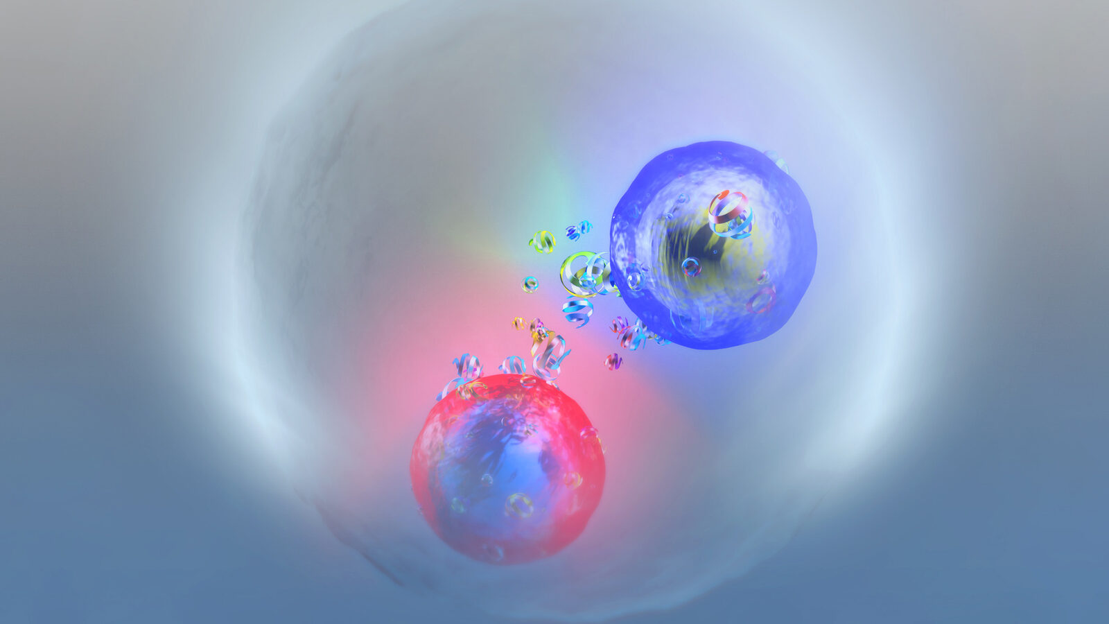 Artist’s impression of the short-lived union of a top quark and a top antiquark formed by the exchange of gluons