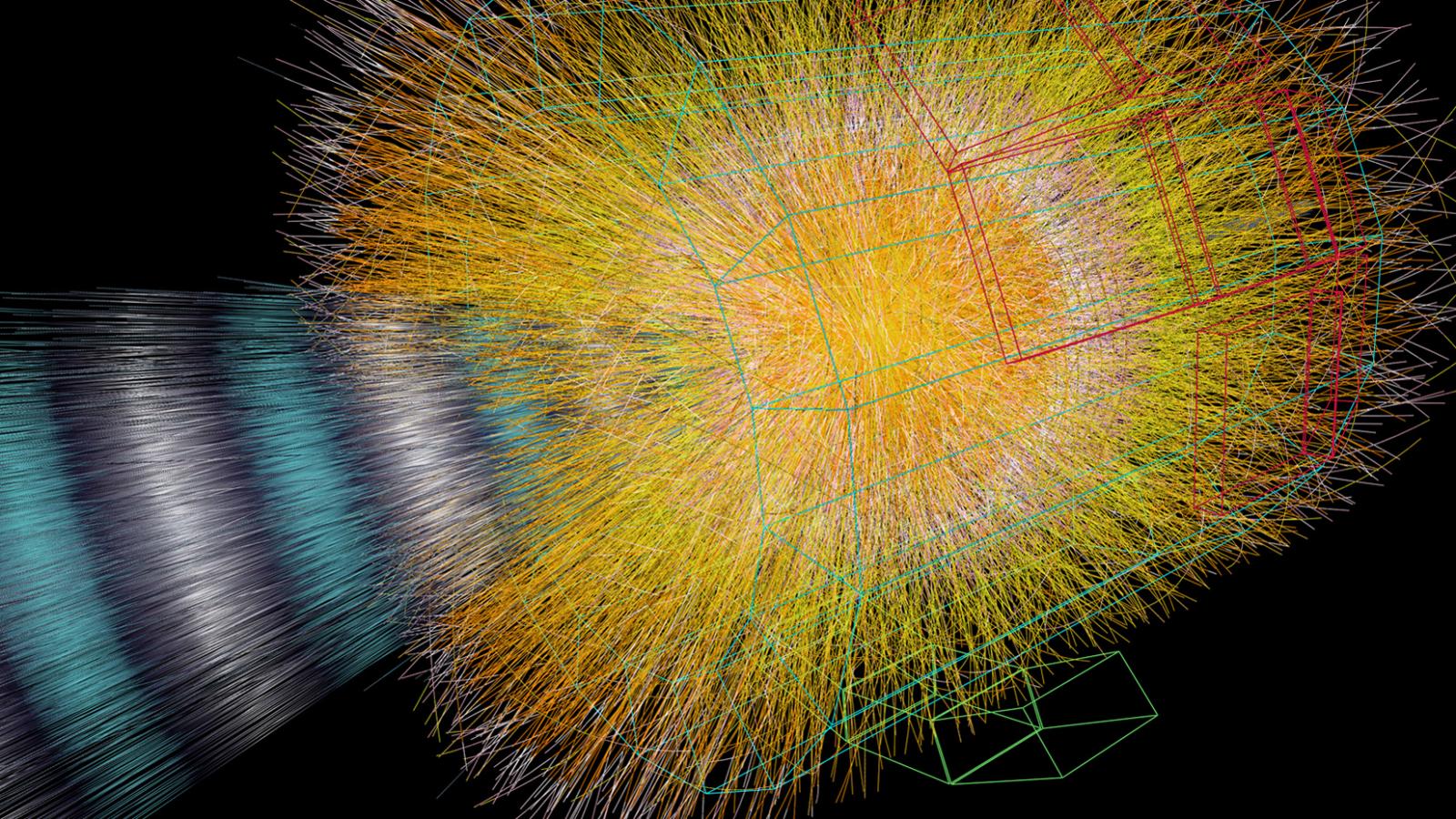 Simulation showing a spray of particles created in a particle collision