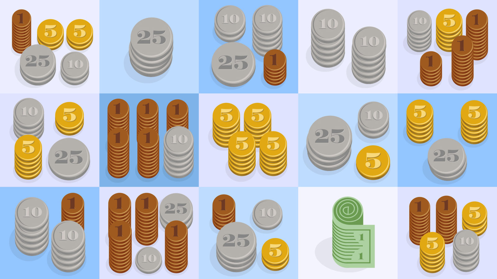Illustration of grid of blue and purple squares 5X3 with coin stacks inside