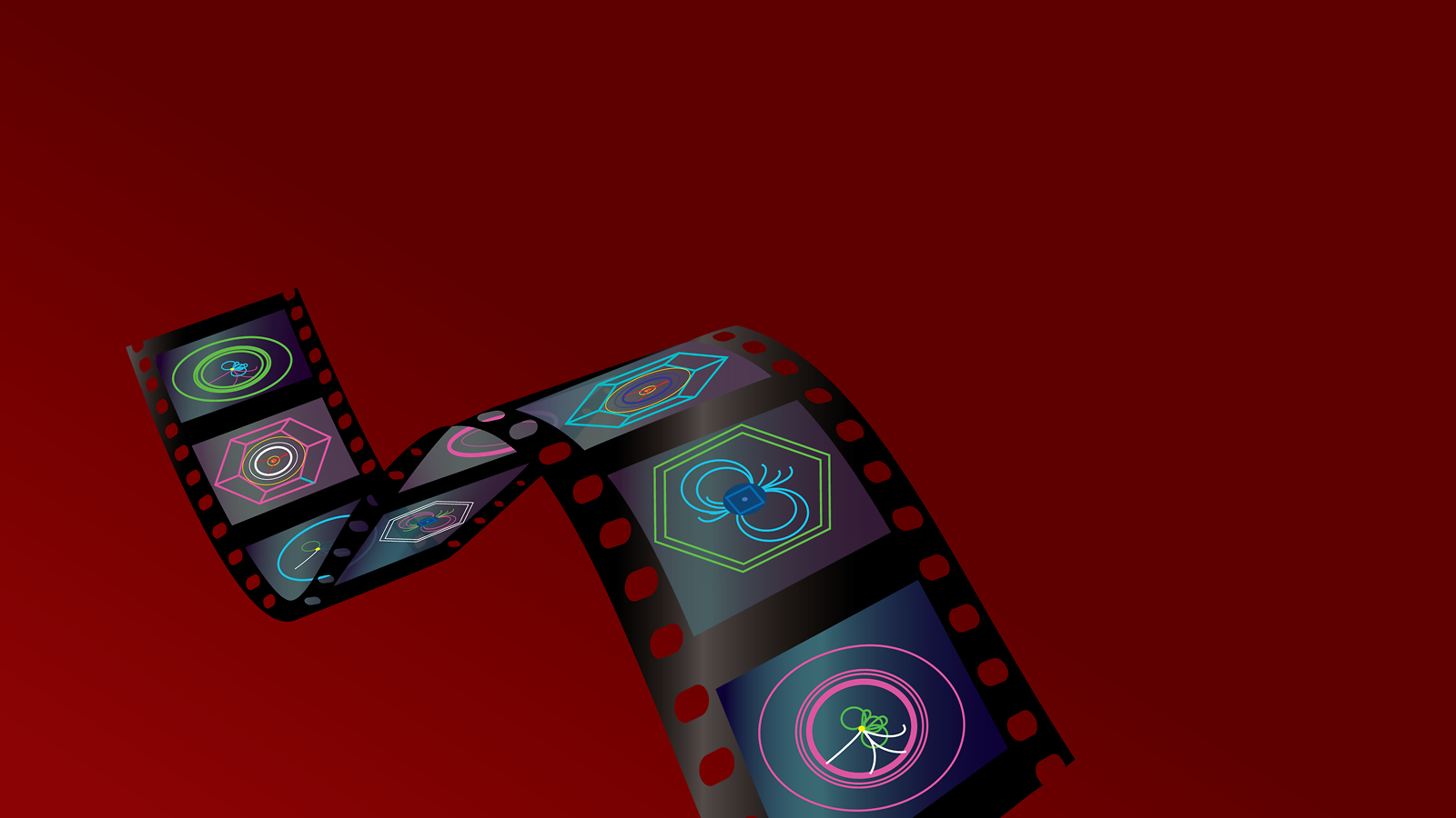 An illustration of a film strip with particle events on each frame